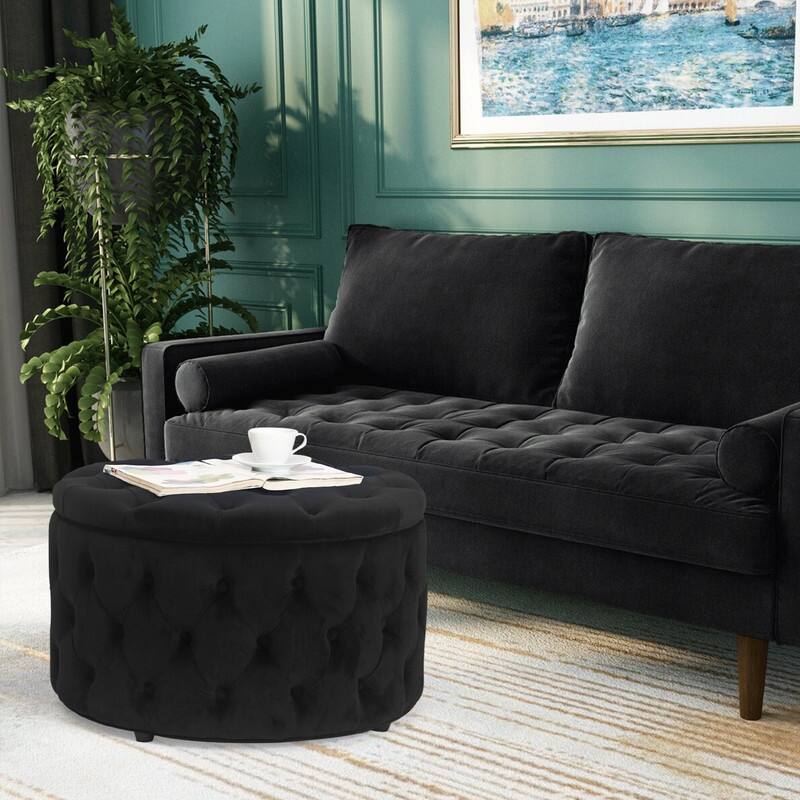 Adeco Round Velvet Storage Ottoman Button Tufted Footrest Coffee Table