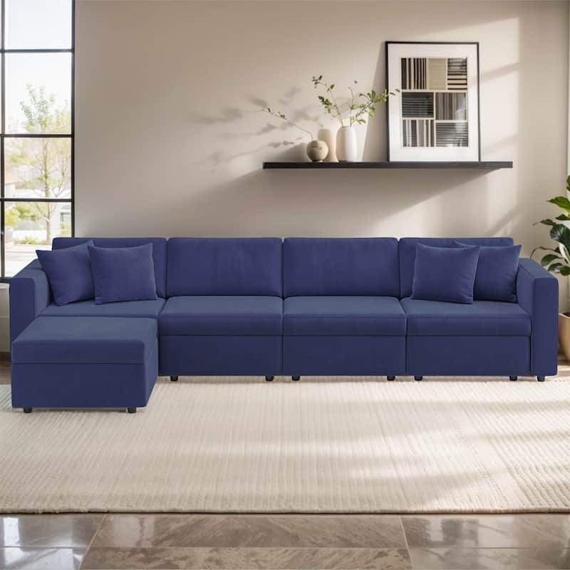 Pocassy Cloud Sectional Couch Upholstered Velvet Couches - 4-Seat with Ottoman - Blue