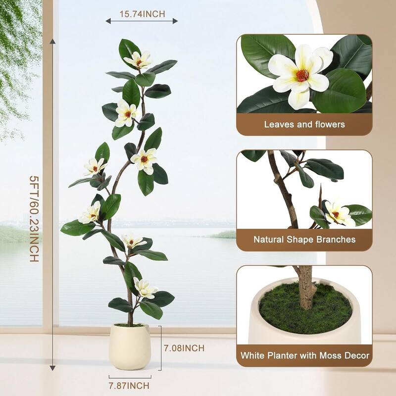 Artificial Faux Rubber Tree with Magnolia Flowers for Home Decor