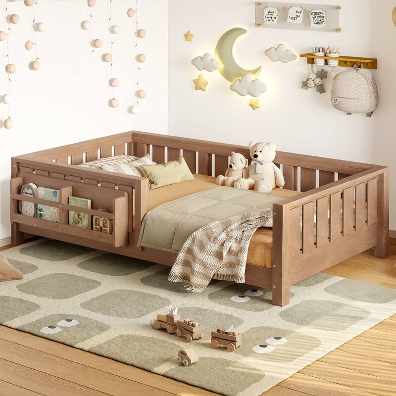 Low Profile Montessori Bed Floor Platform Bed with Fence and Bookshelf - Natural - Twin