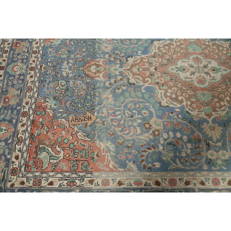 Blue Floral Tabriz Persian Vintage Area Rug Handmade Wool Carpet - 6'7"x 9'11"