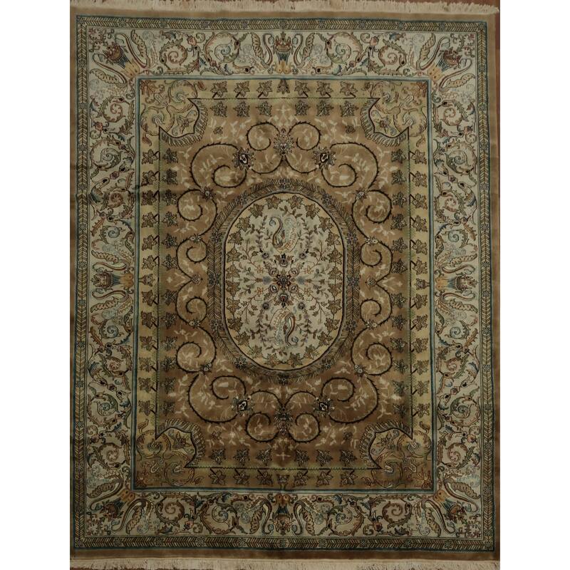 Hand Knotted Oriental 100% Wool Carpet Traditional Floral Brown Aubusson Area Rug - 11' 11'' X 9' 0''