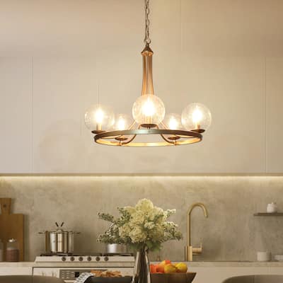 Mid-century Modern 5-Light Wagon Wheel Dining Room Chandelier Globe Seeded Glass Kitchen Island - 24" D x 21"H