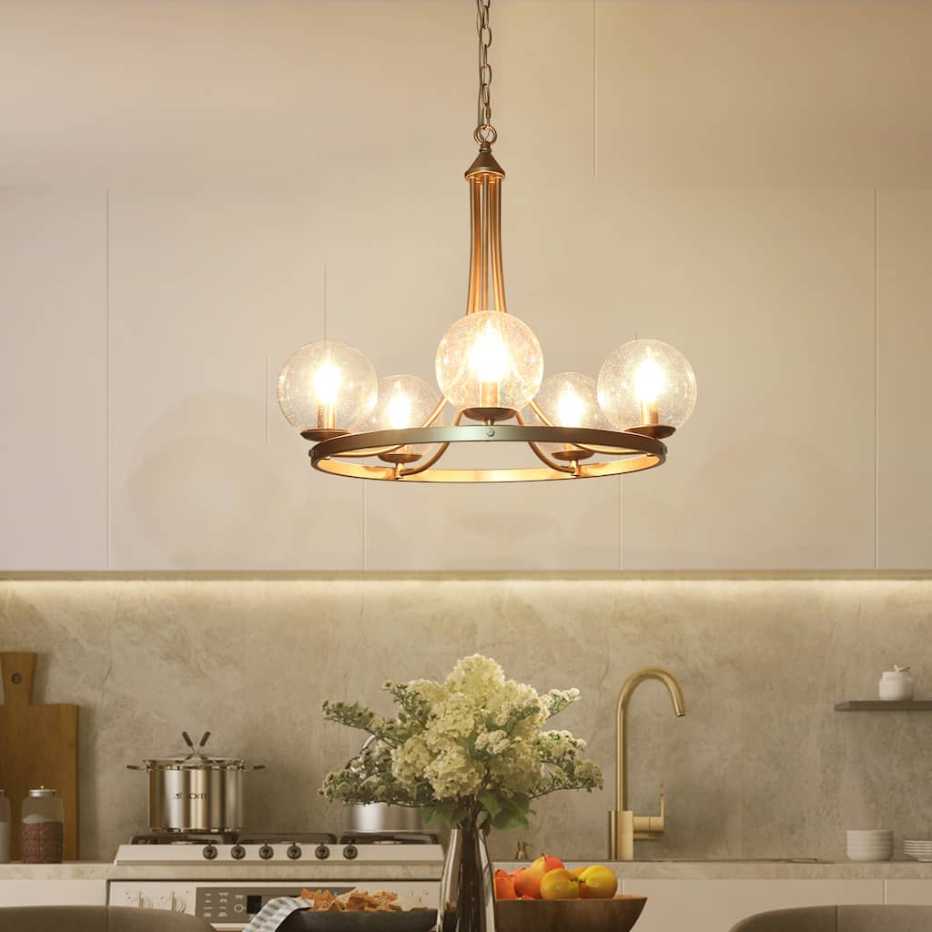 Mid-century Modern 5-Light Wagon Wheel Dining Room Chandelier Globe Seeded Glass Kitchen Island - 24" D x 21"H