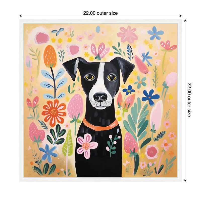 Kate and Laurel Sylvie Black and White Dog Botantical Yellow Framed Canvas by The Creative Bunch Studio