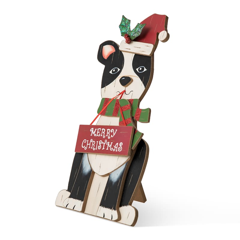 Glitzhome 16"H Wooden Christmas Dog Figurines Table or Wall Decor
