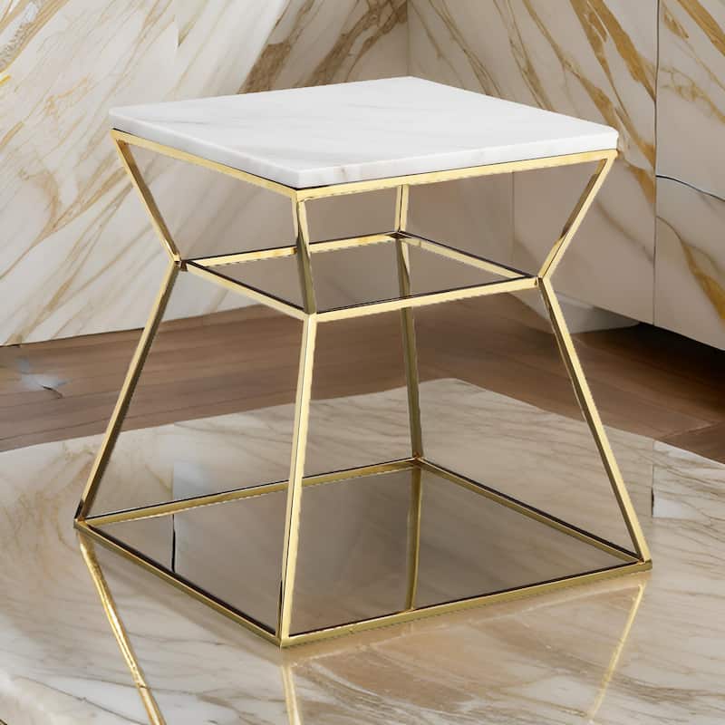 Lio 18 Inch Side End Table, White Marble Top, Gold Open Hourglass Frame