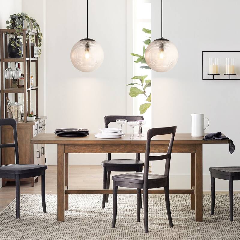 1-Light Modern Indoor Matte Black Finish Kitchen Island Pendant Lights with Globe Diamond Textured Grey/Clear Glass Shade