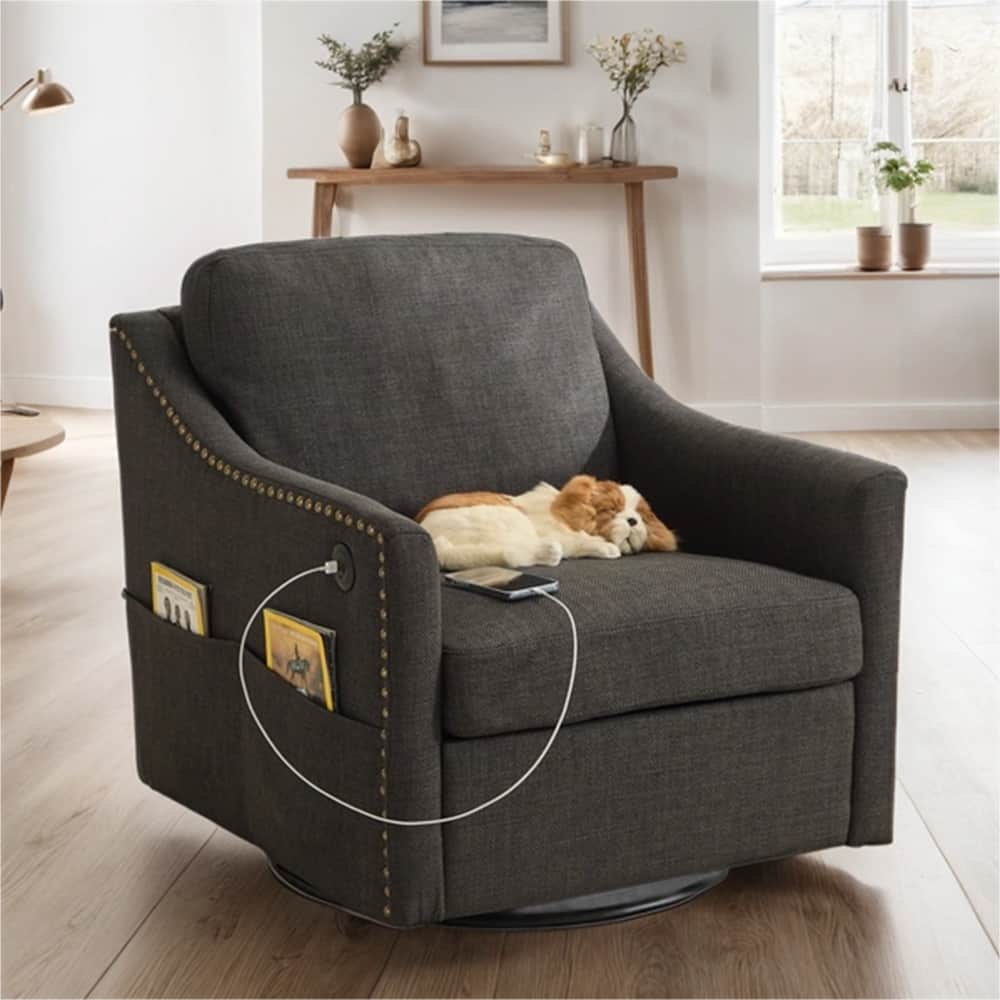 Swivel Rotating Upholstered Accent Chair with USB and Storage Pocket