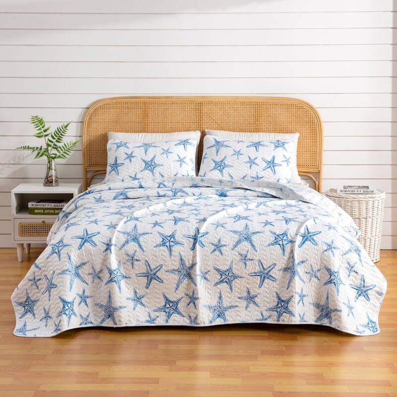 Premium Blue Starfish Microfiber Quilt Set With Shams - Blue - Full - Queen