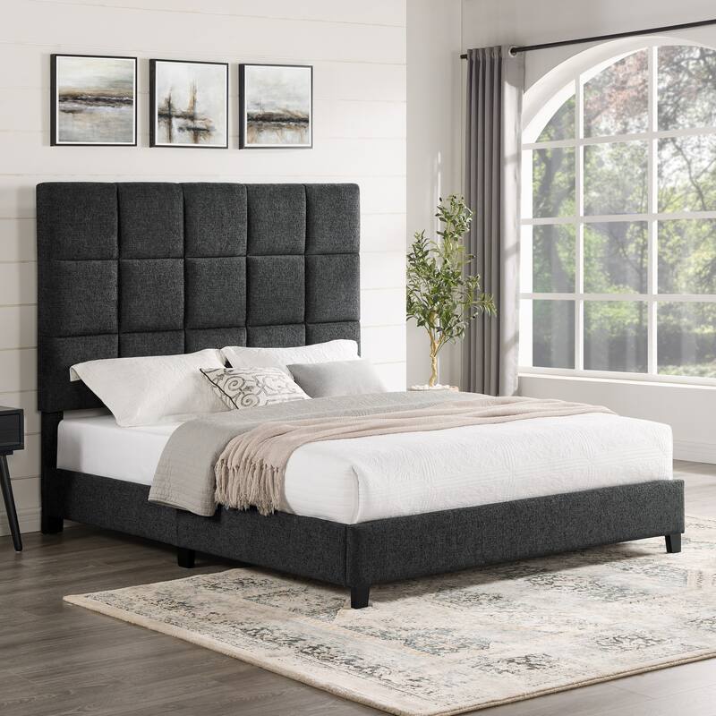 Queen Size Grey Squares Upholstered Platform Bed - Grey