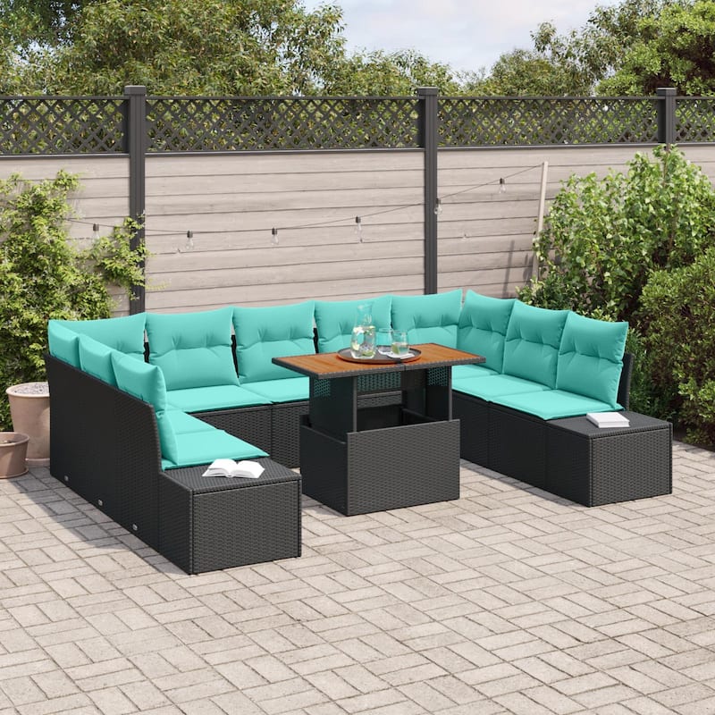 vidaXL 10 Garden Sofa Set with Cushions Black/Grey Poly Rattan - 113.8 x 82.3 x 27.2