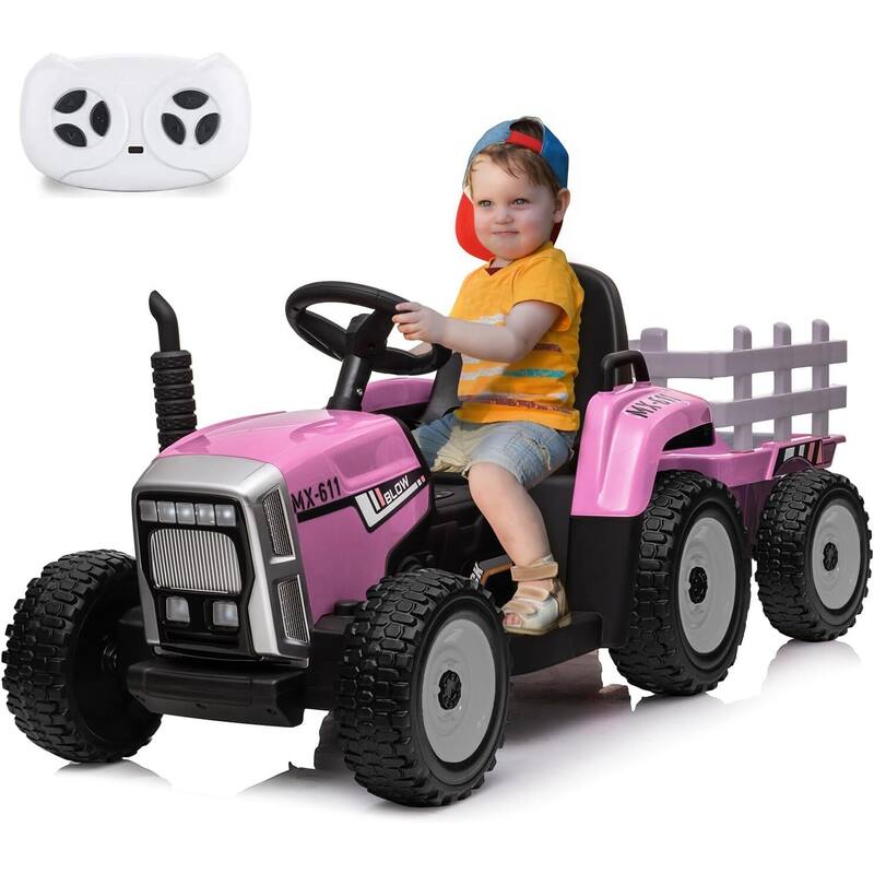 35W Kids Ride On Tractor, Electric Vehicle Car with Trailer & Remote Control - Light Pink