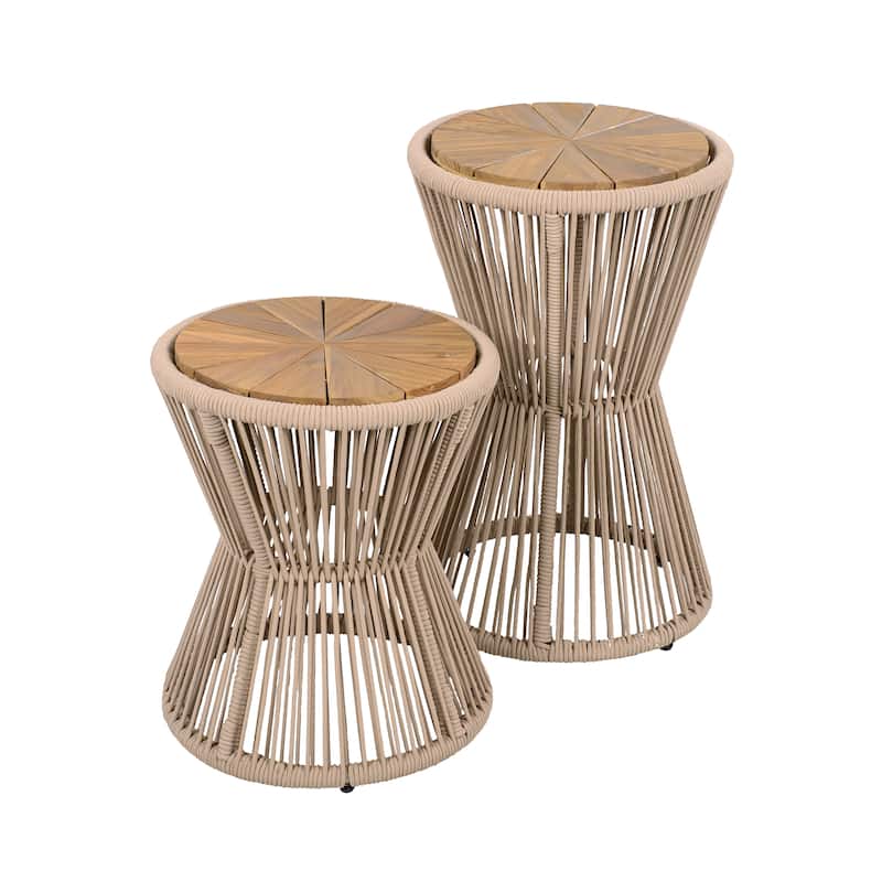 Scott Living - Nara Modern Outdoor Acacia Wood and Woven Rope Sculptural Side Table, Set of 2 - 32.28"L