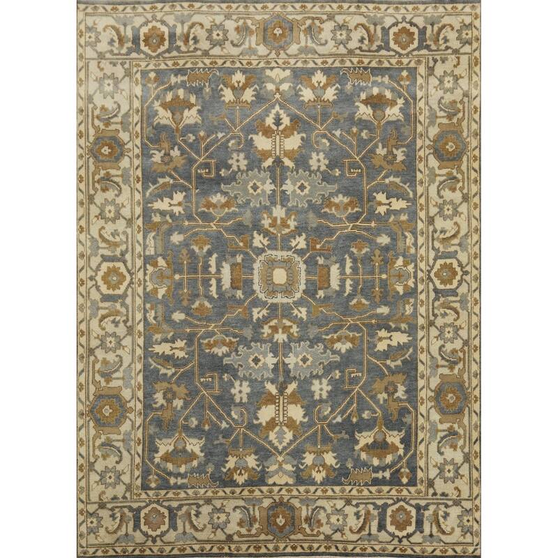 Handmade Oushak Indian Area Rug, Gray Wool Floral Carpet - 11' 7'' X 9' 2''