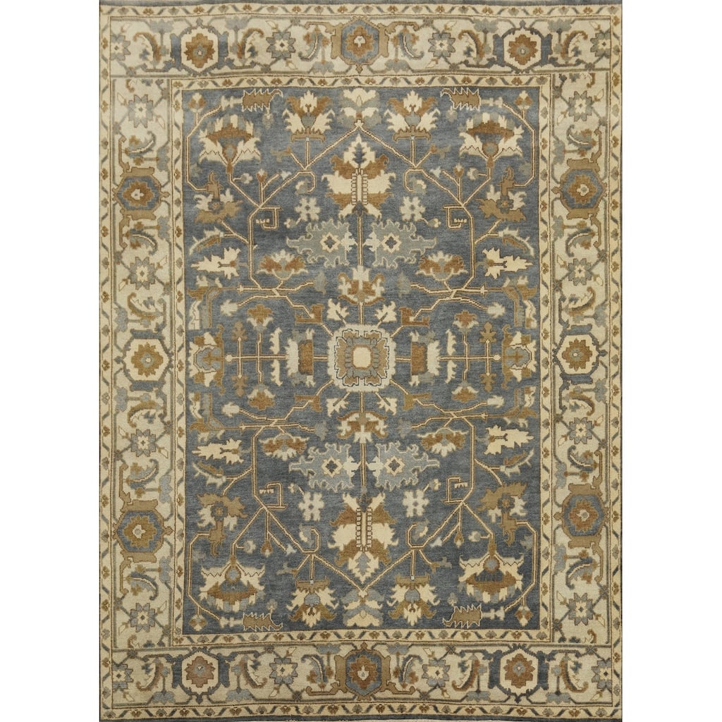 Handmade Oushak Indian Area Rug, Gray Wool Floral Carpet - 11' 7'' X 9' 2''