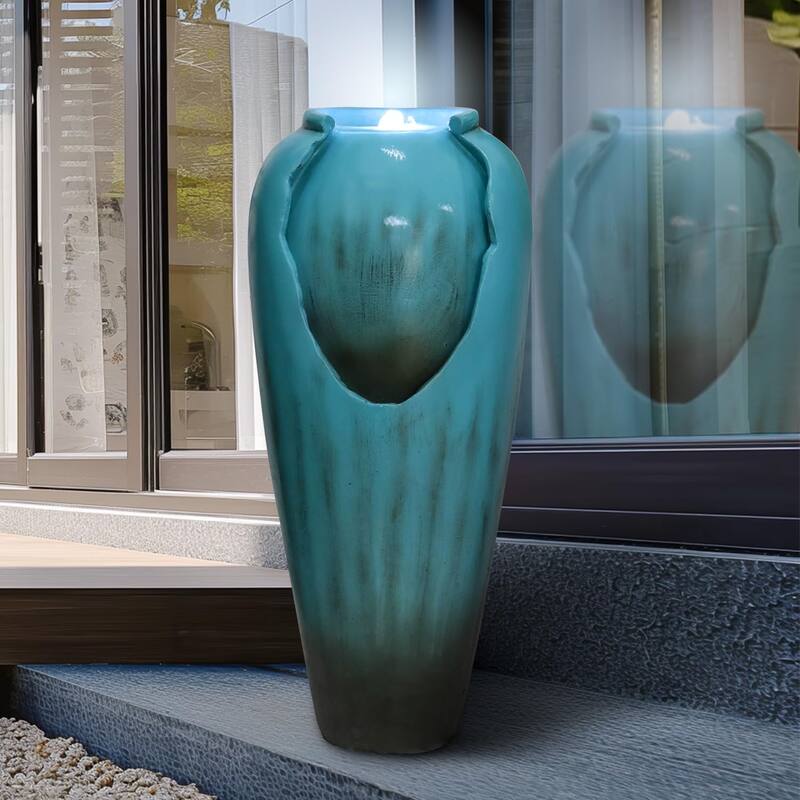 30.7" High Concrete Jar Water Fountain Outdoor, Garden Vase Water Feature - 30.7"H