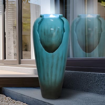 30.7" High Concrete Jar Water Fountain Outdoor, Garden Vase Water Feature - 30.7"H