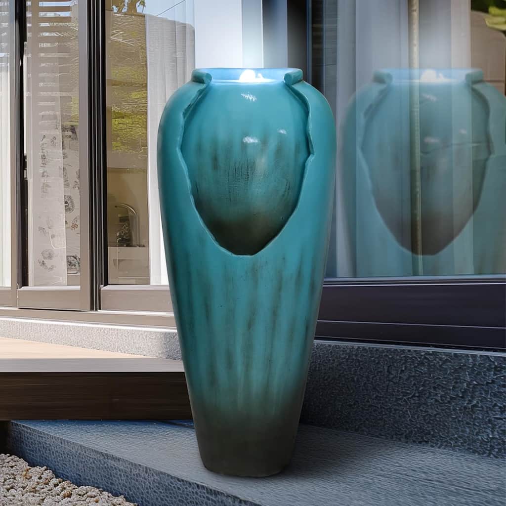 30.7" High Concrete Jar Water Fountain Outdoor, Garden Vase Water Feature - 30.7"H