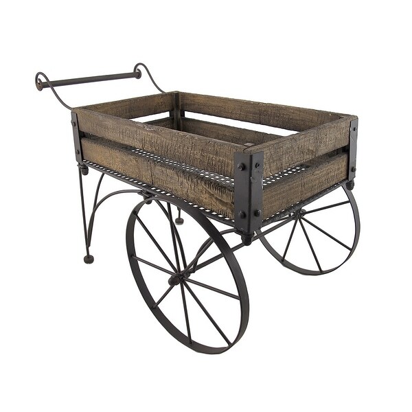Rustic Wood And Metal Wagon Cart Style Plant Stand 24 Inches Long - 15.5 X 24.5 X 12.5 inches. Opens flyout.