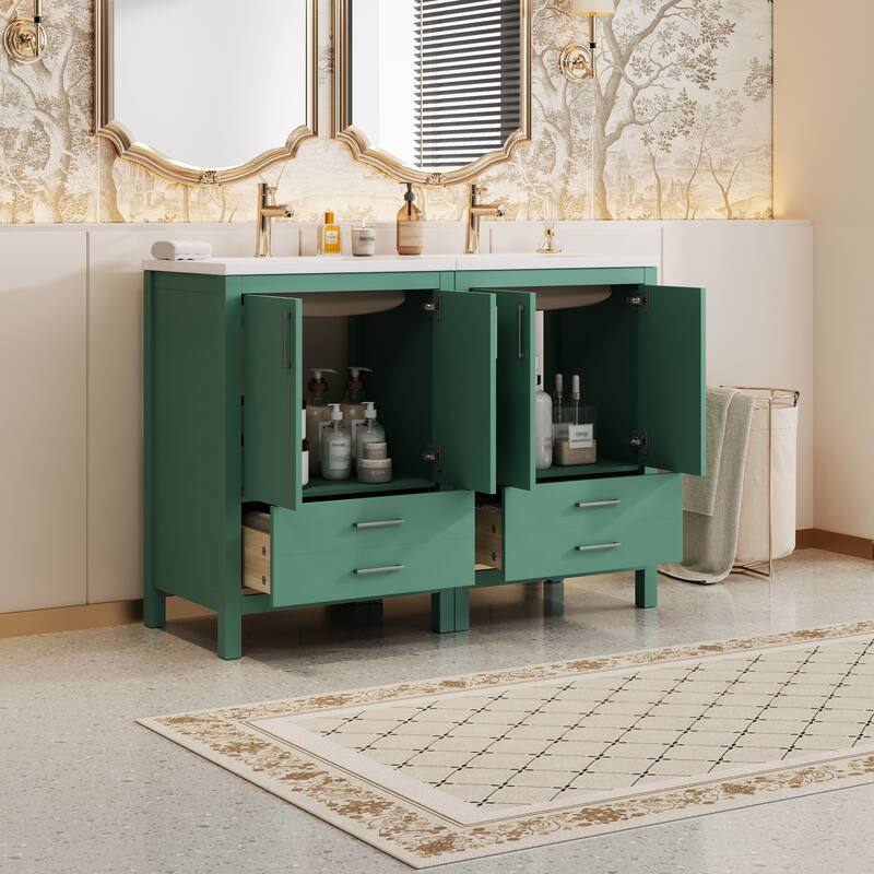 Roomfitters 48-Inch Green Bathroom Vanity with Ceramic Sink, Freestanding Cabinet with Soft-Close Drawers & Doors, Modern Design