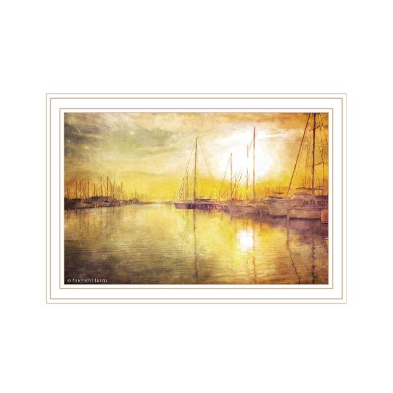 TrendyDecor4U Contemporary "Yellow Sunset Boats In Marina " Framed Print Wall Art - White
