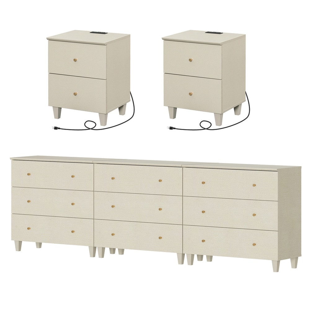 WAMPAT 9-Drawer Wide Dresser and Nightstands Set of 3 for Bedroom