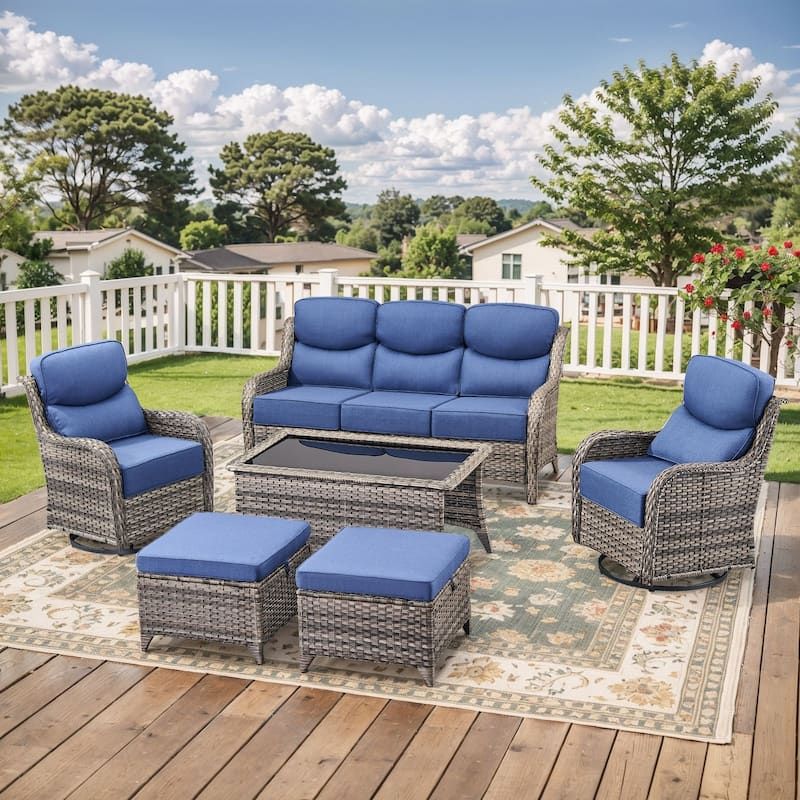 Pocassy Outdoor Patio Furniture Sofa Swivel Chairs Sets - Grey Wicker Blue Cushion - Sofa Swivel Chair with Ottoman Set of 6