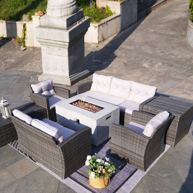 7-Piece Outdoor Wicker Conversation Sofa Set with Fire Pit - Rectangular grey table (W43.5"x27.36"xH23.8")