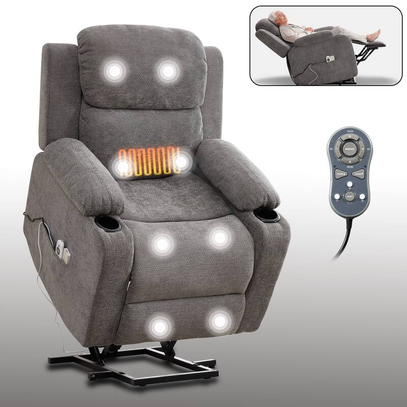 Chenille Power Lift Recliner Chair, Heavy Duty Recliner Chair with Heat & Massage, Lounge Chair with USB Ports & Cup Holders