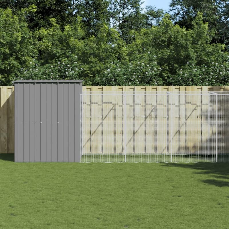 vidaXL Dog House Outdoor Dog Kennel Crate Shelter with Run Galvanized Steel - 65" x 339.8" x 71.3" - Gray