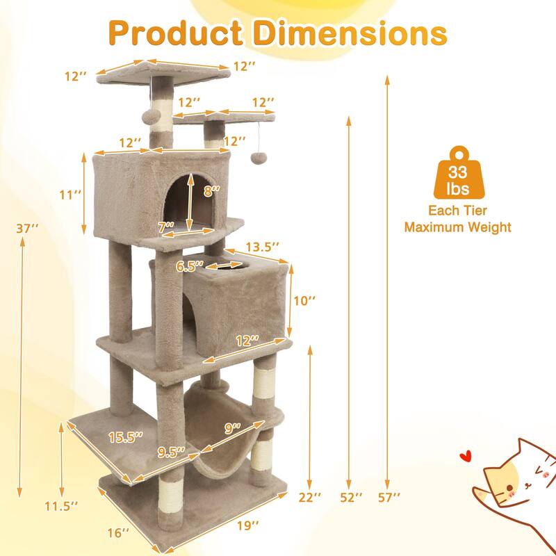 Gymax 57'' Cat Tree for Indoor Cats w/Dual Condos Hammock Sisal