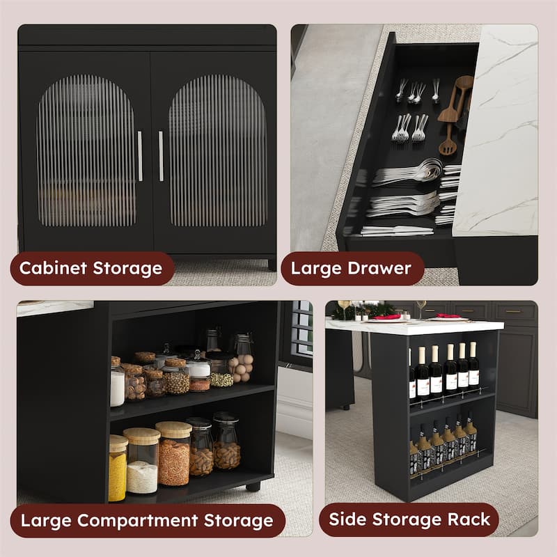 80" Expandable Kitchen Island with Dining Table, Mobile Storage Cart with Cabinet