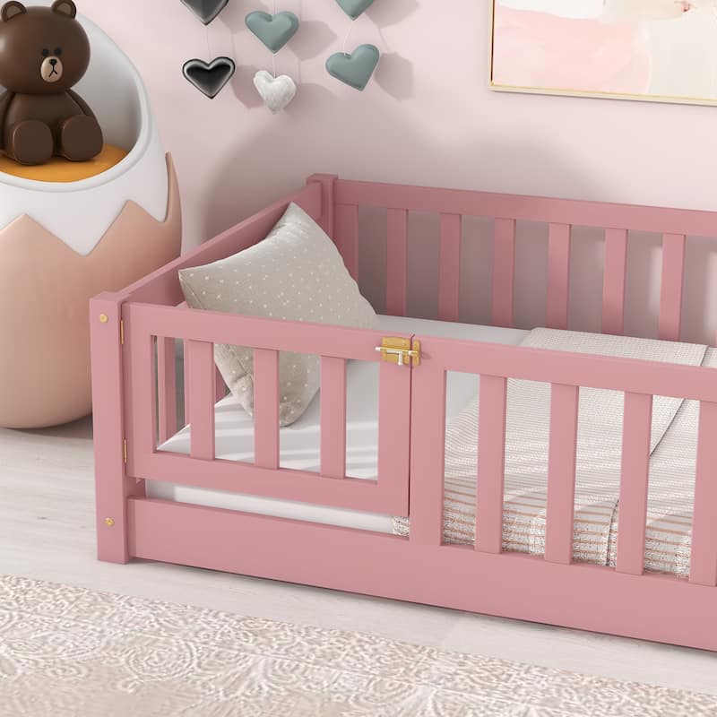 Twin Size Pine Wood Floor Platform Bed with Safety Fence and Door,7-Slat Design