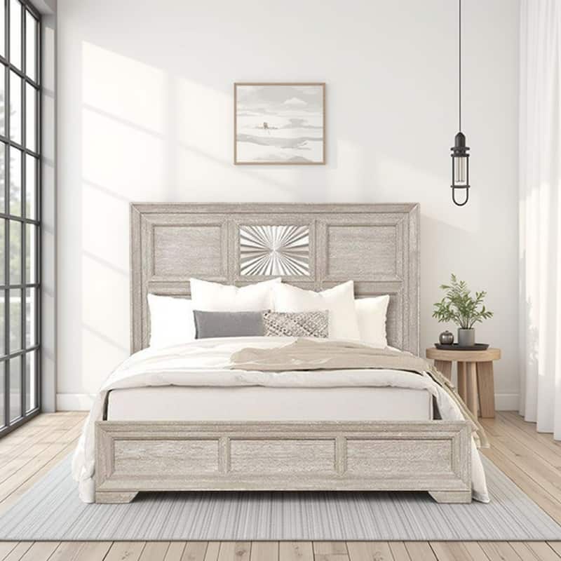 Diaz Queen Bed, Sunburst Pattern, Recessed Panel, Light Gray Wood