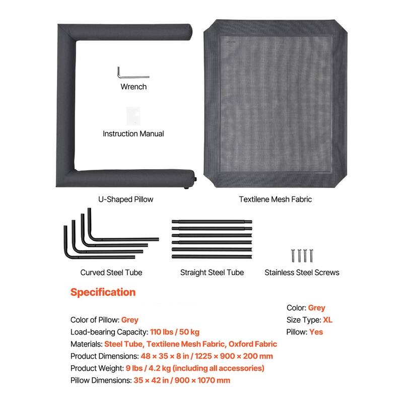 XL Elevated Dog Bed with Pillow Breathable Mesh Waterproof Steel Frame 110 lbs Capacity - 48 x 35 x 8 in