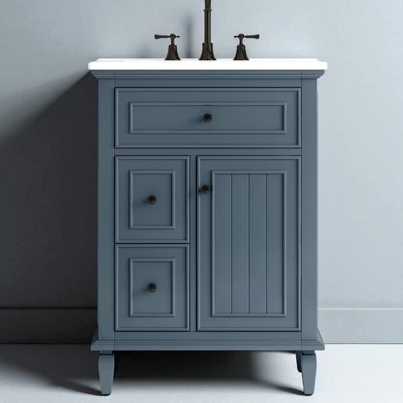 24" Bathroom Vanity with Sink, Flip Drawer, 2 Side Drawers, Solid Wood Frame, Ceramic Top, Freestanding Cabinet - Blue