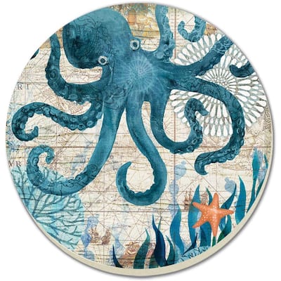 CounterArt Absorbent Stone Tumbled Tile Round Coaster Set - 4 Pack- Monterey Bay Octopus - 4x4