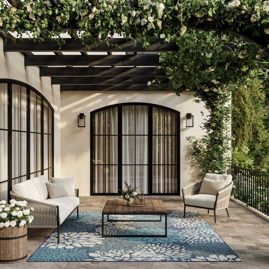 Nourison Garden Oasis Indoor/Outdoor Blue Floral Tropical Area Rug