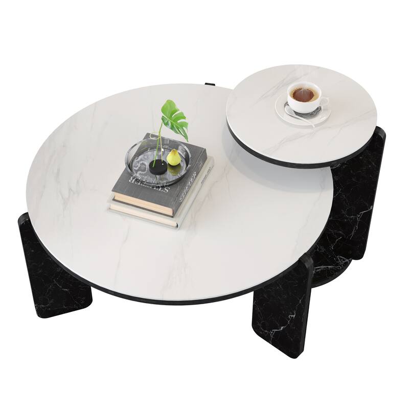Round Nesting Coffee Table Set of 2, Sintered Stone Top Nesting Tables with Metal Frame, Modern Accent Side Table Set