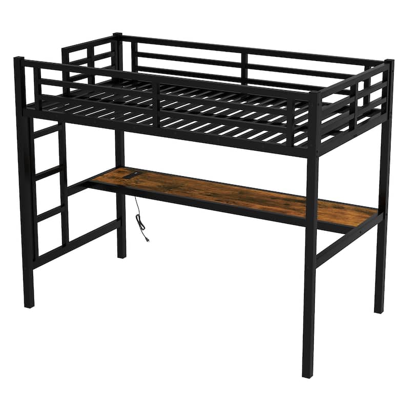 Space-Saving Metal Twin XL Loft Bed with Power Outlet, LED Lighting and Desk