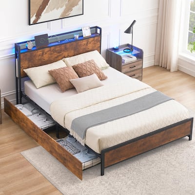 Modern LED Bed Frame with Storage Drawers and Charging Station