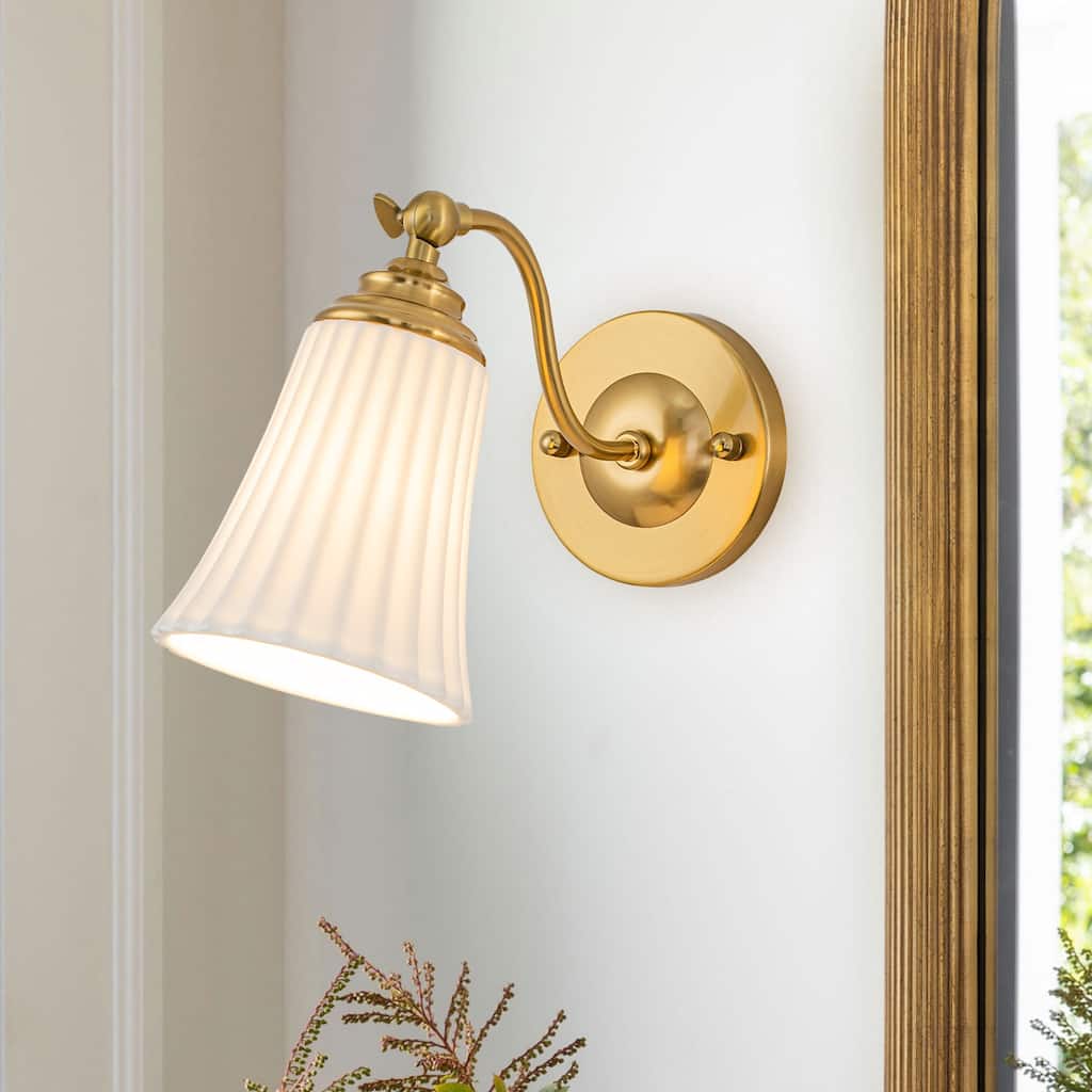 Modern Gold Wall Sconce with Fluted Ceramic Bell Shade Bathroom