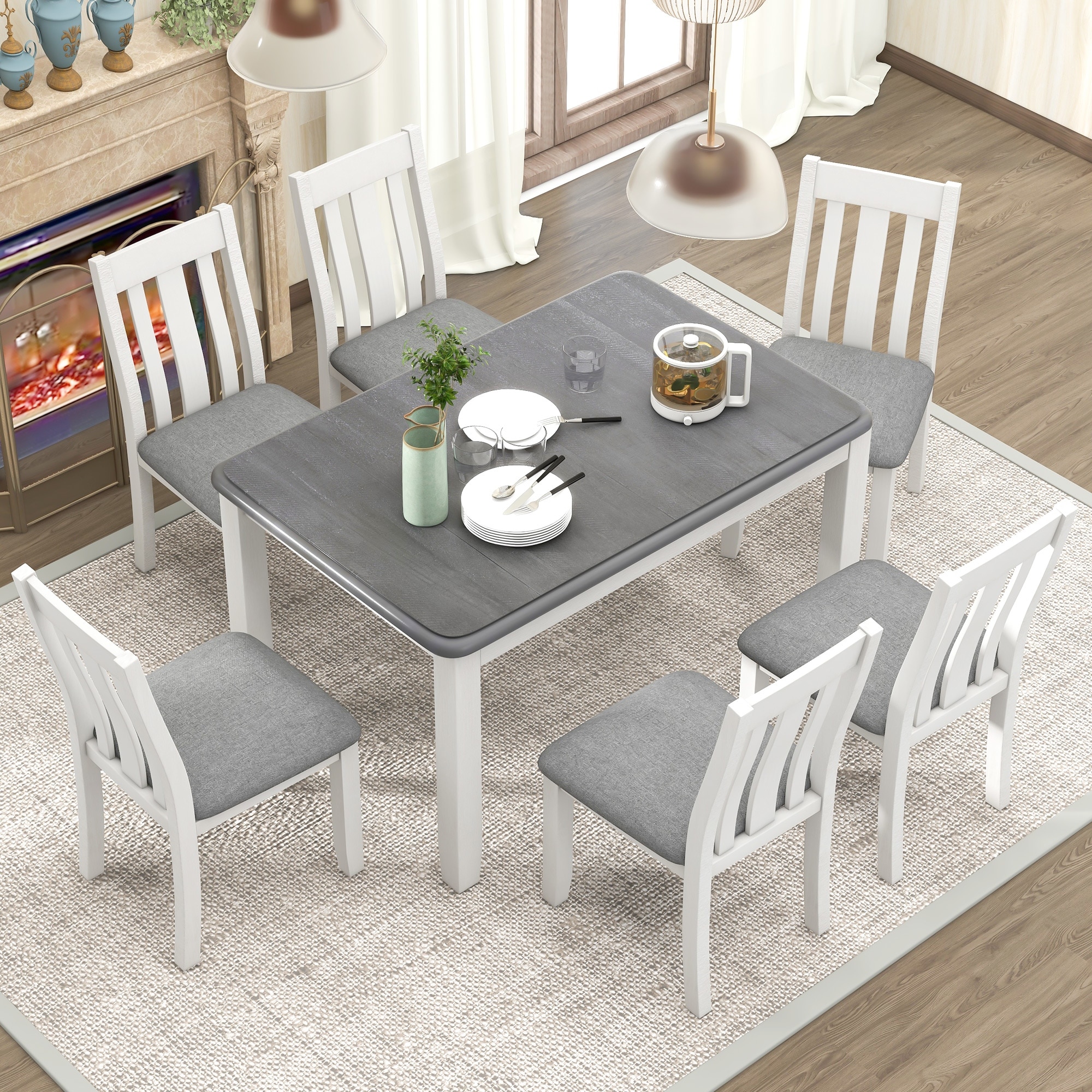 7 Piece Rectangular Dining Table Set with Extendable Table and 6 Upholstered Chairs for Living Room Kitchen