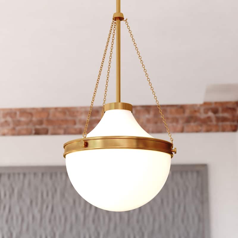 VAXCEL Lincoln 1-Light 12.75 in. Wide Globe Mini Pendant with White Milk Glass Shade, Adj Height Hanging Ceiling Fixture - Muted Brass - 12.75-in W x 22.75-in H x 12.75-in D