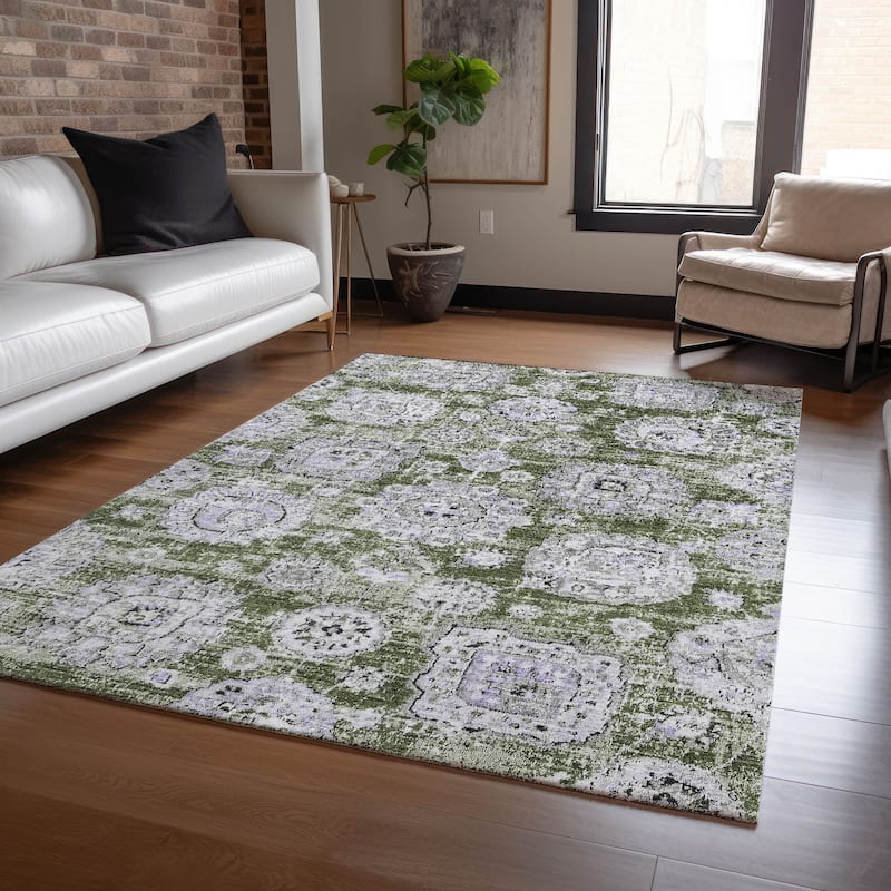 Machine Washable Indoor/ Outdoor Chantille Persian Vintage Rug - Olive - 10' x 14'