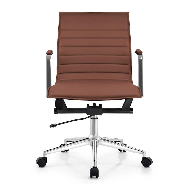 Modern Office Desk Chair | Upholstered PU Leather Ribbed Mid Back with Metal Frame | Adjustable Height, Tilt Lock