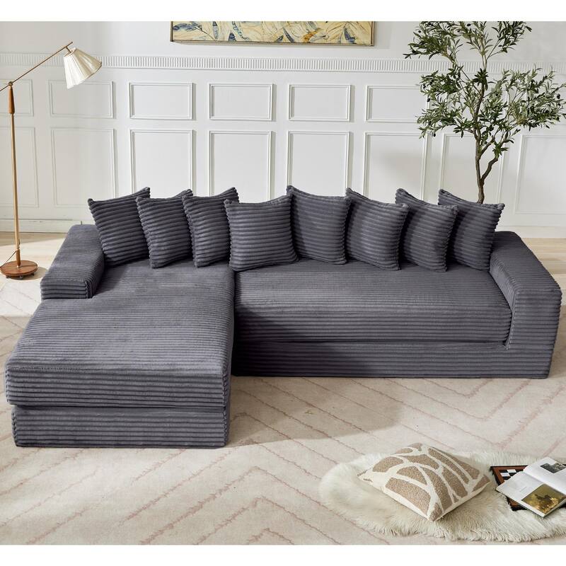 Floor Sleeper Sofa Bed Convertible L-shaped Modular Sectional Couch with Chaise, Corduroy Compression Sofa with Side Pockets - Dark Blue
