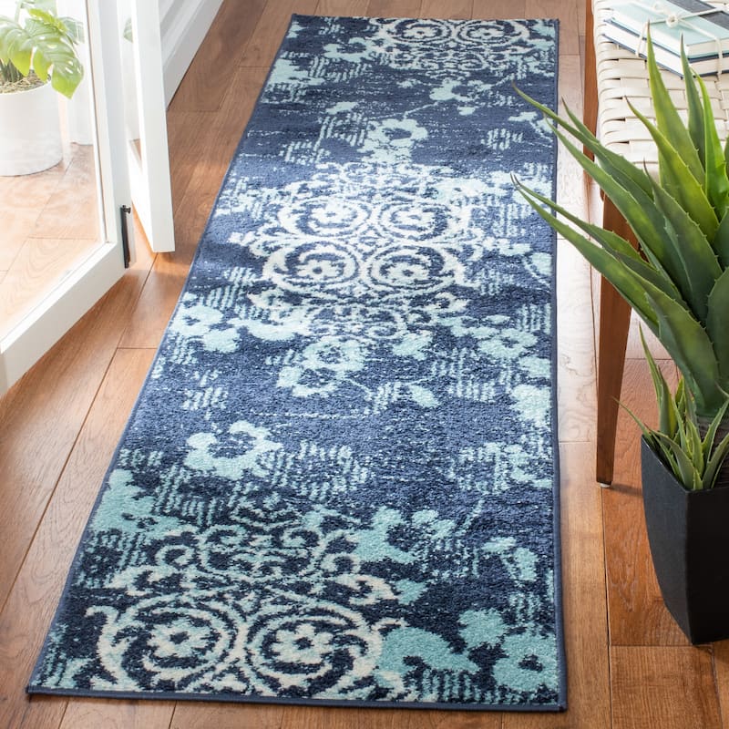 SAFAVIEH, Adirondack Rena Damask Floral Distressed Rug - 2'2" x 9' Runner - Navy/Aqua