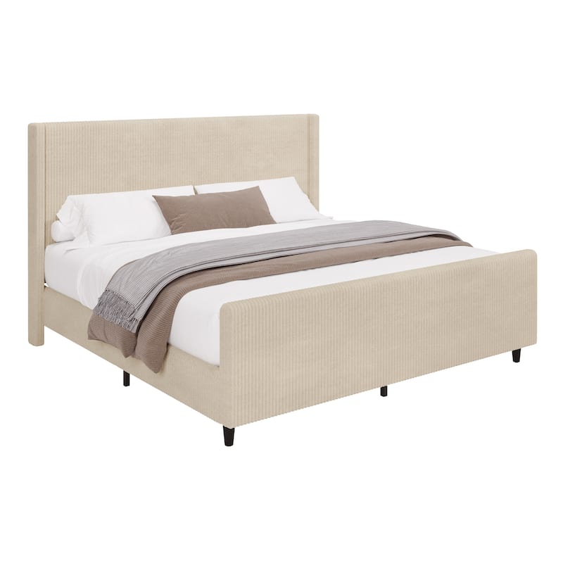 Cream King Size Corduroy Upholstered Platform Bed with Vertical Stripe Wingback and High Footboard